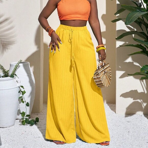 Yellow Casual Women's Full Length wide legging flowy Pants - Picture 1 of 9